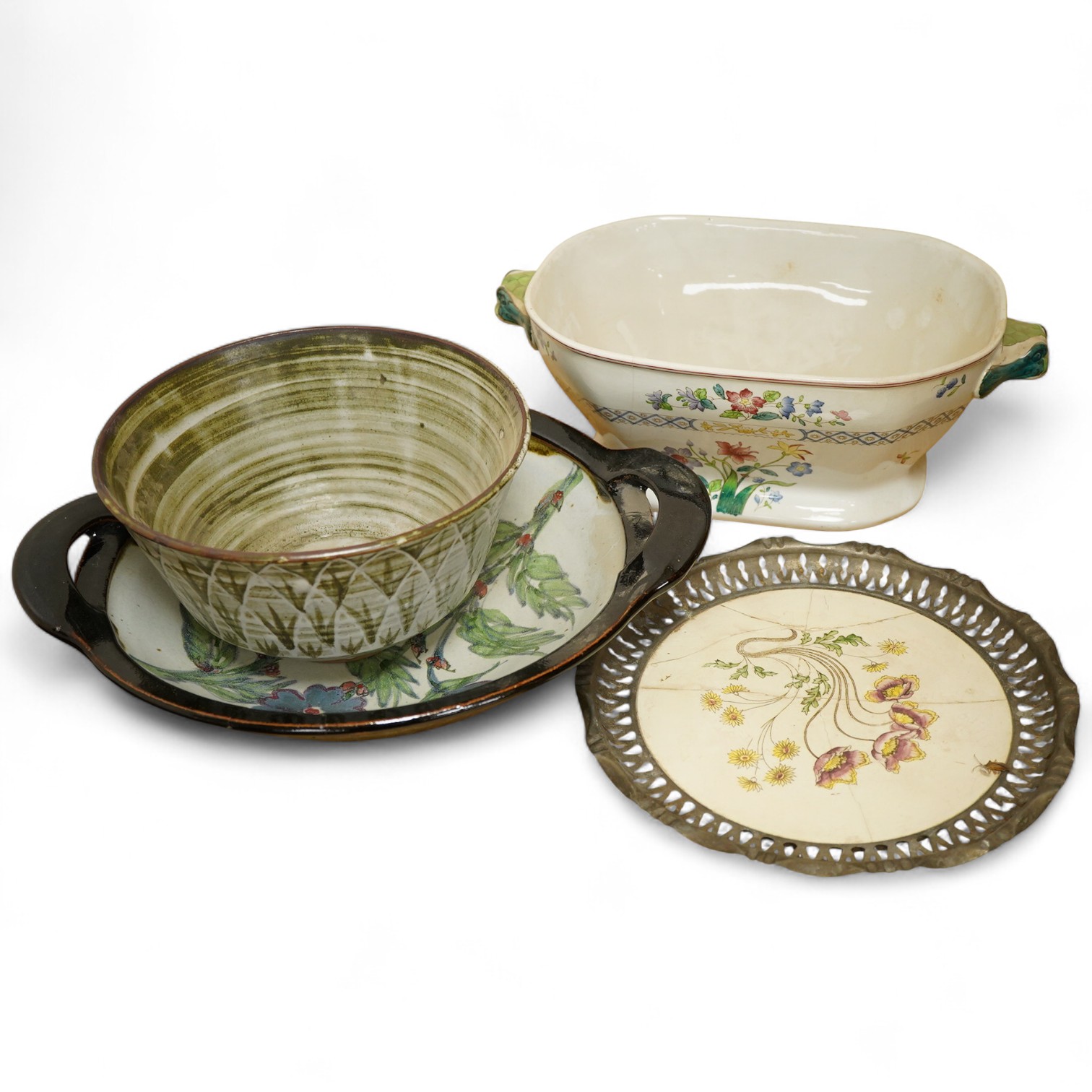 A signed studio pottery bowl together with a similar dish, a Copeland Spode tureen retailed by Gorringe Ltd and a pewter mounted plate, largest 38cm